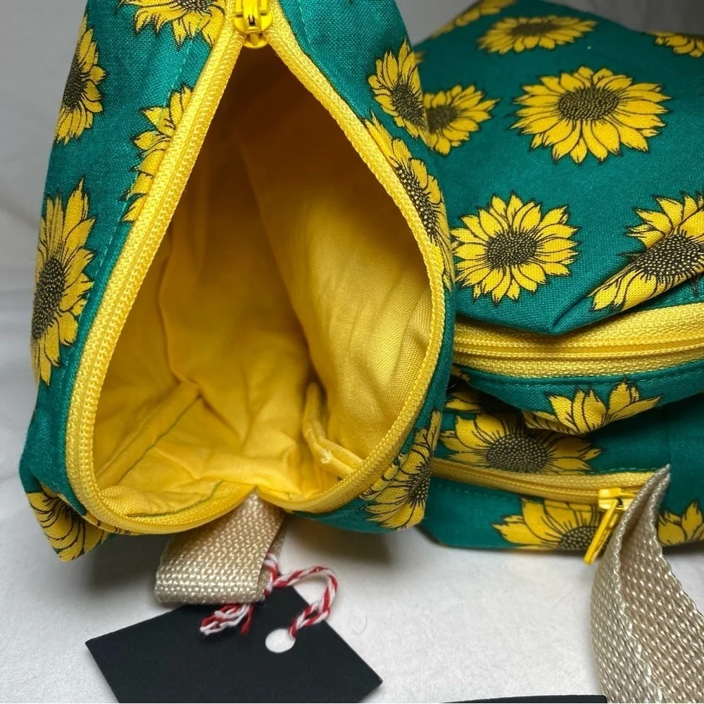 Set of 3 Sunflower Print Accessories Bags Handmade by Tai Crafts